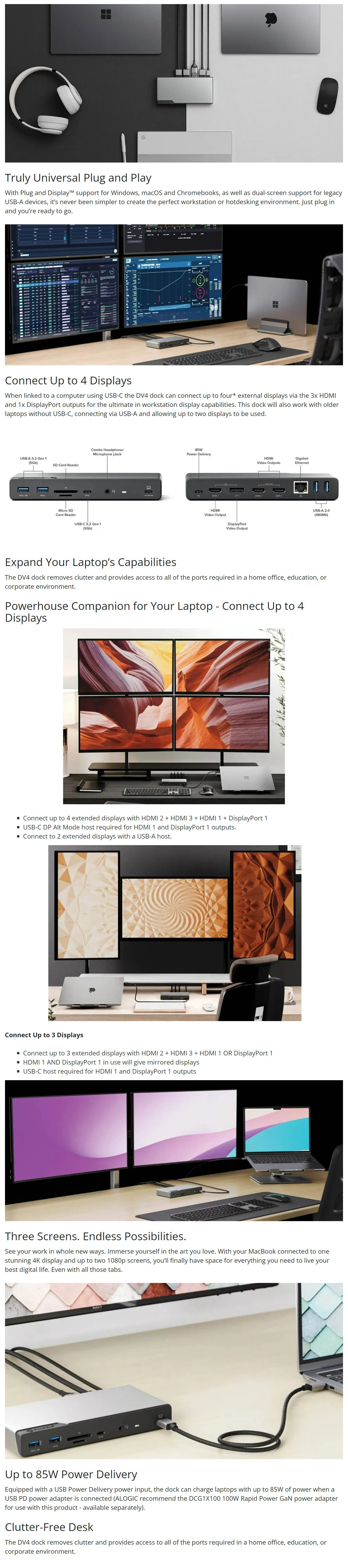 A large marketing image providing additional information about the product ALOGIC DV4 Universal Quad Display Docking Station - Additional alt info not provided